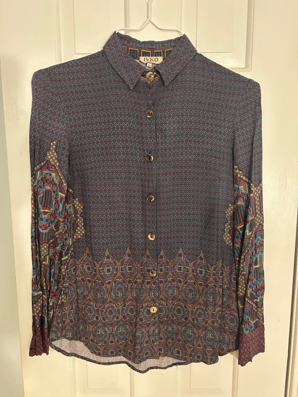 Women’s Printed Button-Down Shirt in Navy and Burgundy